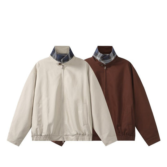Unisex Kurz geschnittene Boxy-Blousonjacke mit kariertem Stehkragen, elastischem Saum und Zwei-Wege-Reißverschluss Shop Nory