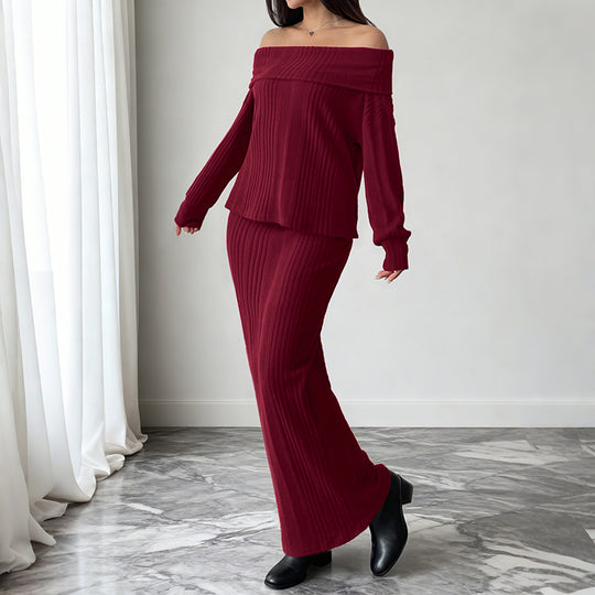 Damen Schulterfreies Rippstrick-Set mit Off-Shoulder-Oberteil und figurbetontem Maxirock Shop Nory