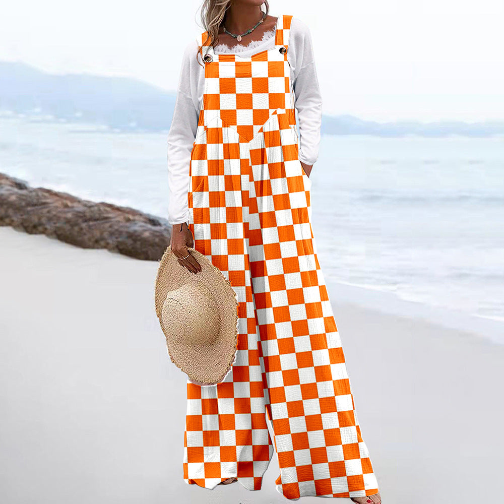 Damen Weit geschnittene Latzhose mit floralem Muster und praktischen Taschen Shopnory