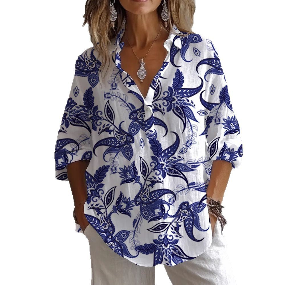 Damen lässige Bluse mit floralem Musterdruck und Knopfleiste Shopnory