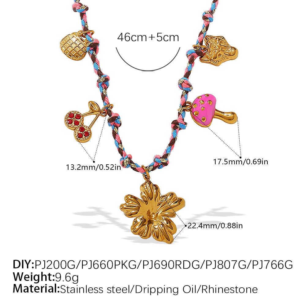 Verstellbare Kordel-Halskette mit Naturstein-Charms und Filigranen Blumenanhängern