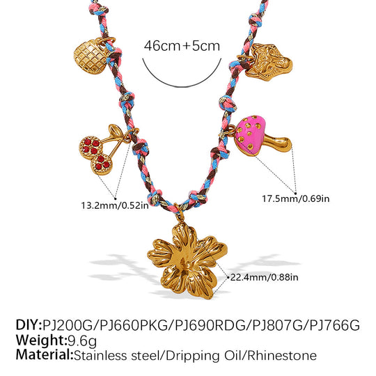 Verstellbare Kordel-Halskette mit Naturstein-Charms und Filigranen Blumenanhängern