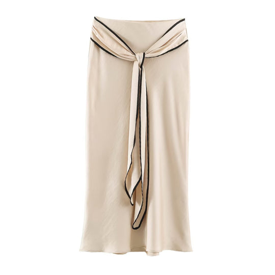 Damen Fließender Satin-Midirock mit Knotengürtel und Kontrastkante Shop Nory