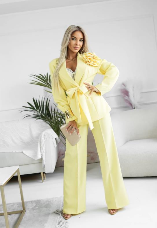 Damen Elegantes Oversize-Blazer-Set mit rosafarbener Rosenapplikation und Highwaist Weitbein-Hose Shop Nory