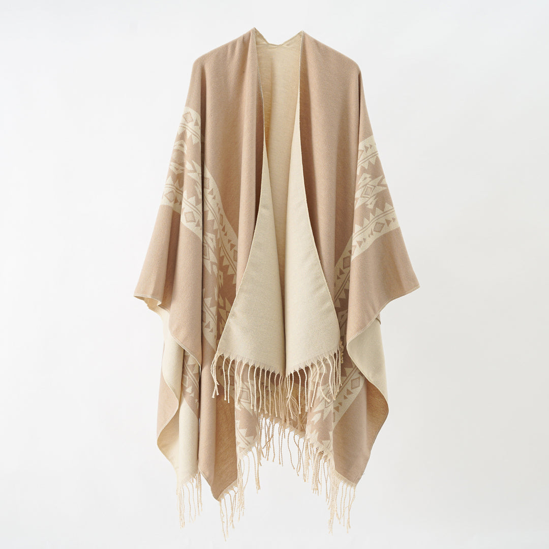 Damen Kaschmir‑Optik Überwurfponcho mit geometrischer Bordüren‑Jacquard und Fransen Shop Nory