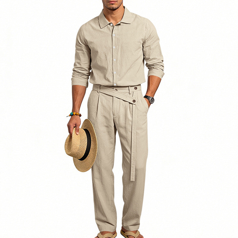 Herren nan eleganter Leinen-Zweiteiler mit Hemd und Hose mit hohem Bund und Bindegürtel