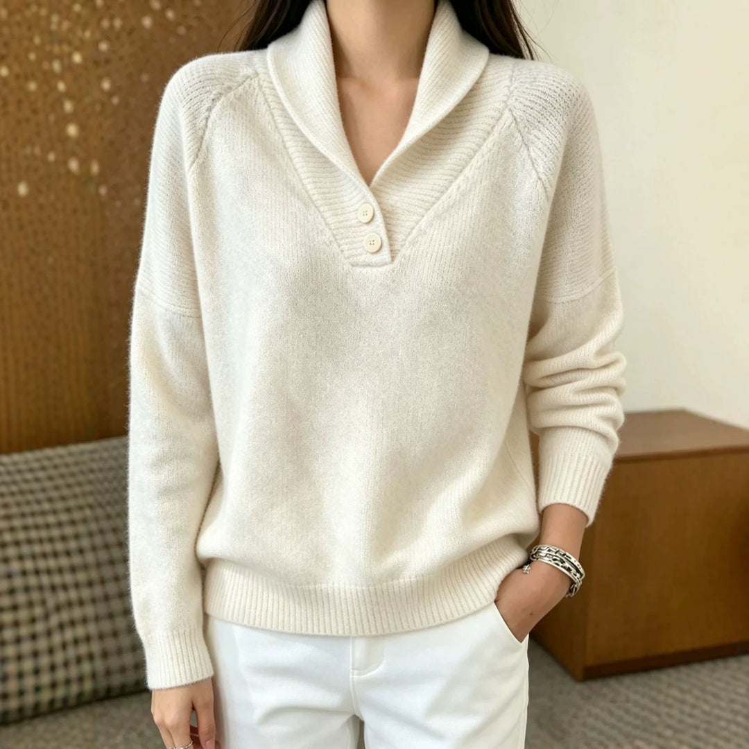 Damen Weicher Schalkragen‑Pullover mit halber Knopfleiste und Raglanärmeln Shop Nory