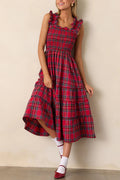 Damen Maxikleid mit voluminösen Rüschendetails und klassischen Karo-Muster
