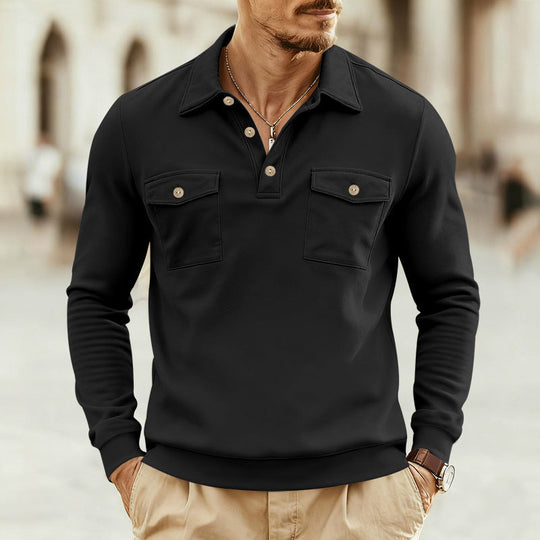 Herren nan figurbetontes Langarm-Poloshirt mit Hemdkragen und aufgesetzten Brustklappen