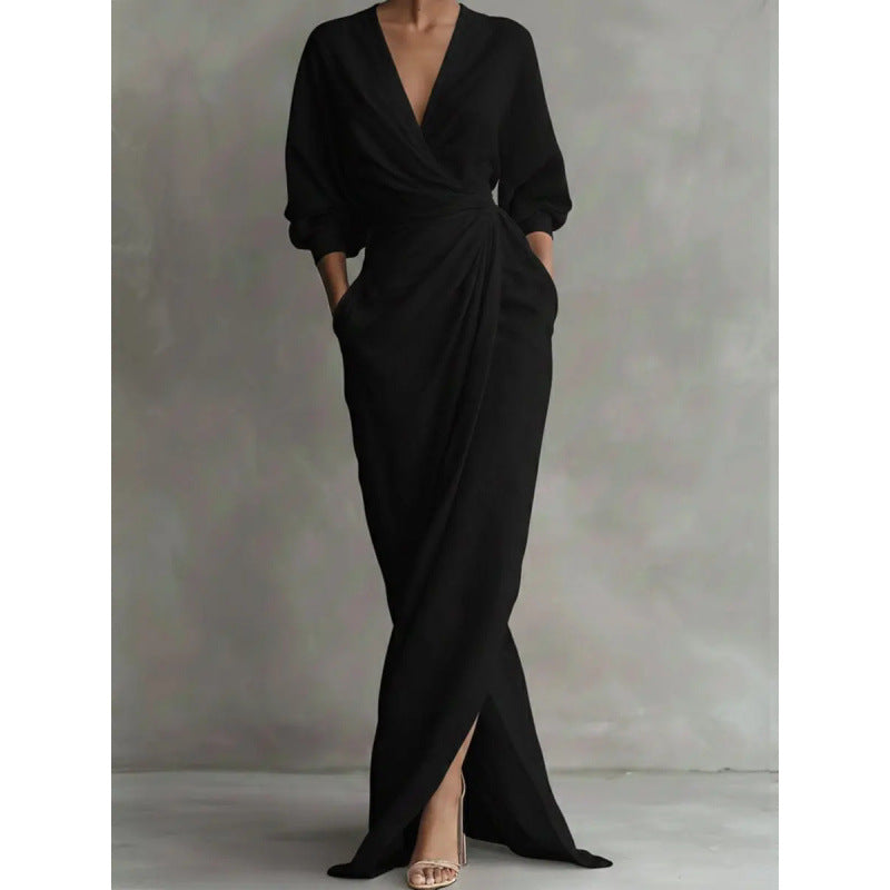 Damen Drapiertes Wickel-Maxikleid mit tiefem V-Ausschnitt, Taillen-Twist und Eingrifftaschen Shop Nory