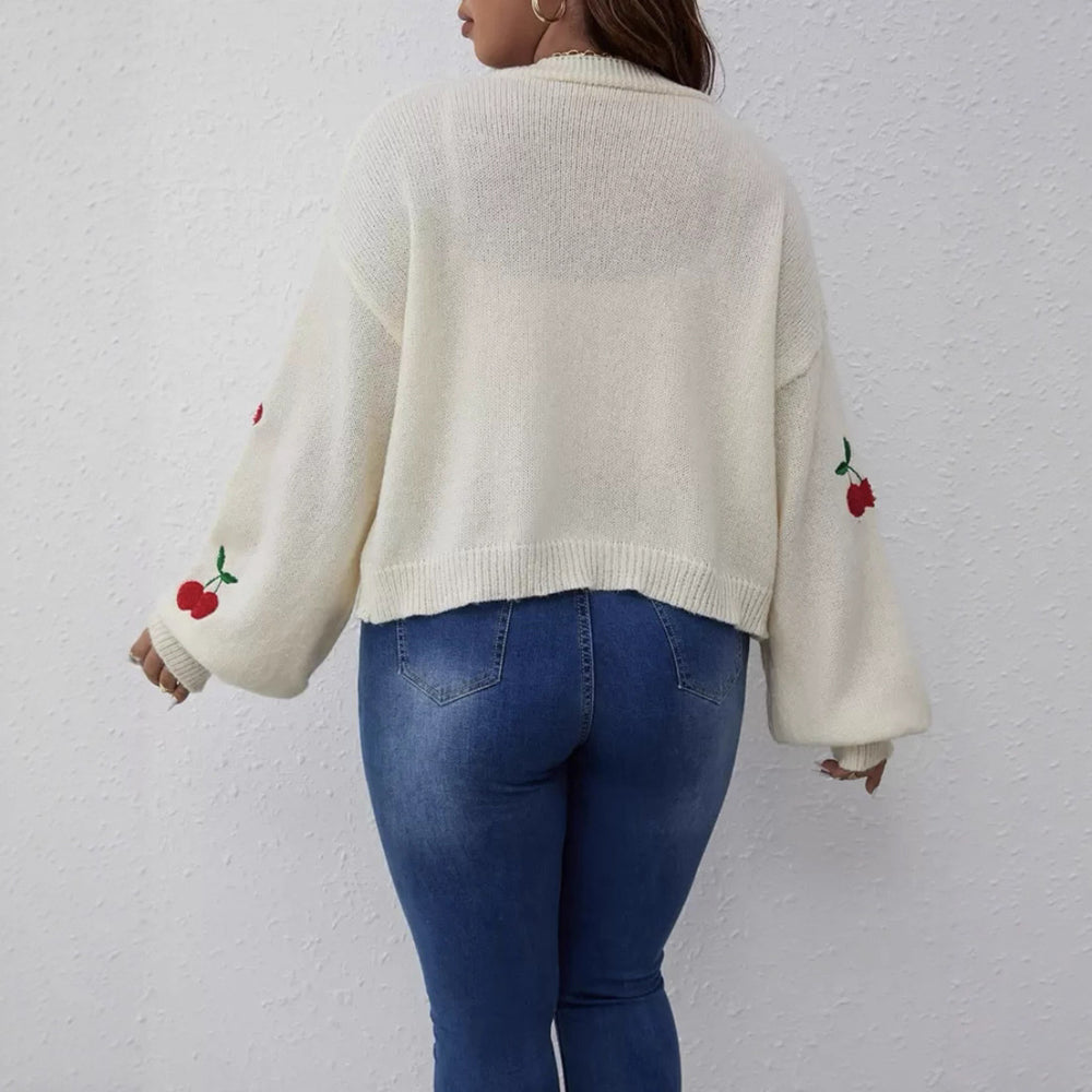 Damen Kurzgeschnittener Oversize-Cardigan mit Kirsch-Stickerei Shop Nory