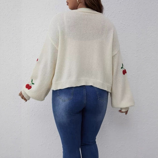 Damen Kurzgeschnittener Oversize-Cardigan mit Kirsch-Stickerei Shop Nory