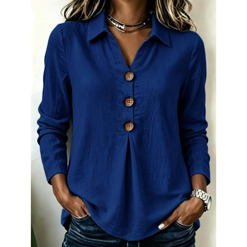Damen Langarm-Bluse mit Holzknopfleiste und Vorderfalte Shop Nory