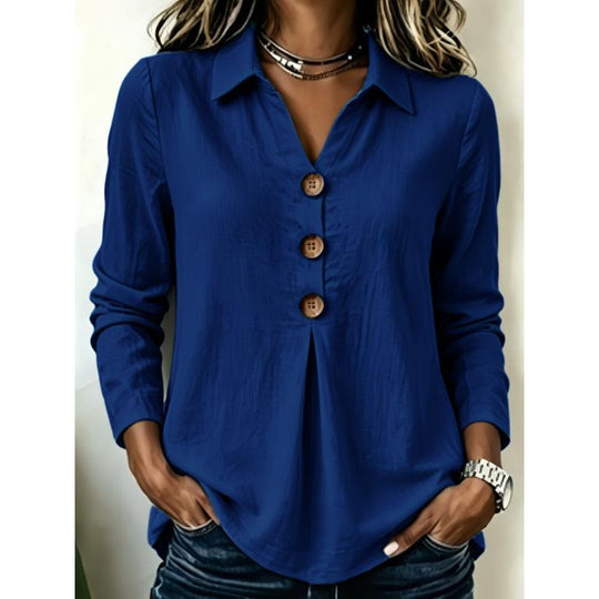 Damen Langarm-Bluse mit Holzknopfleiste und Vorderfalte Shop Nory