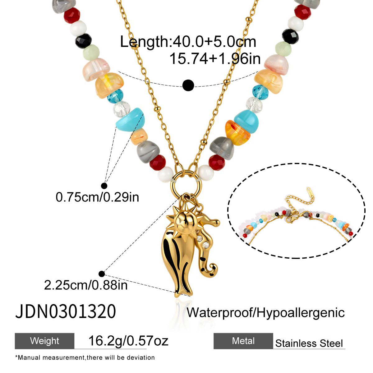 Damen Halskette mit farbenfrohen Perlen und braunem Seepferdchen-Anhänger Shop Nory