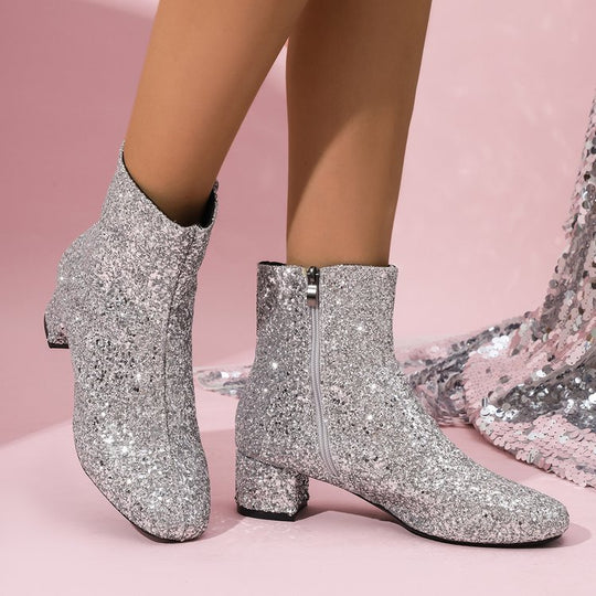 Damen glitzernde Stiefeletten mit kurzem Blockabsatz und seitlichem Reißverschluss Shop Nory