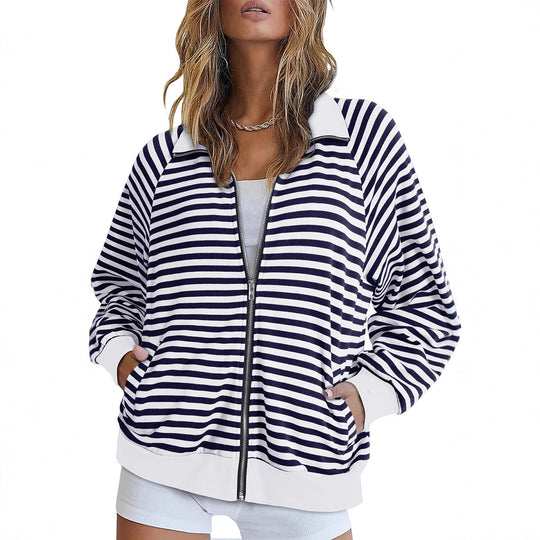 Damen Gestreifte Zip‑Jacke mit Reißverschluss, Raglanärmeln und Rippbündchen Shop Nory