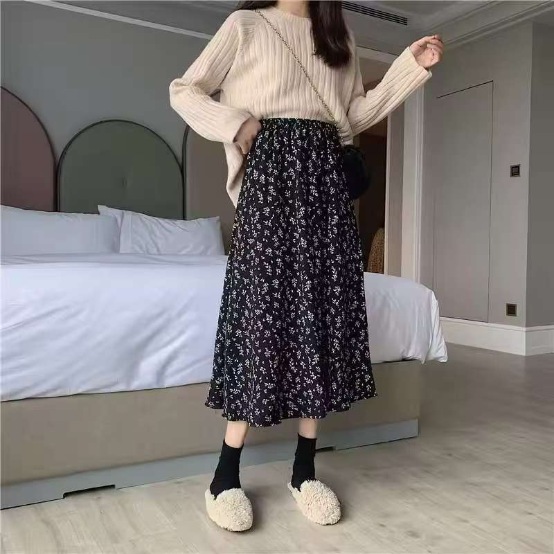 Damen Midirock mit floralem Print, taillenbetonter Rüschen-Bund und leichter Plissée-Qualität Shop Nory