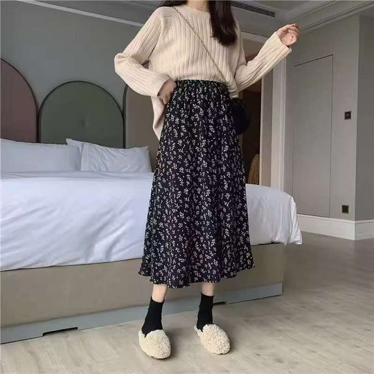 Damen Midirock mit floralem Print, taillenbetonter Rüschen-Bund und leichter Plissée-Qualität Shop Nory