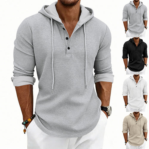 Herren Waffelstrick-Henley-Hoodie mit Knopfleiste und Kapuze Shop Nory