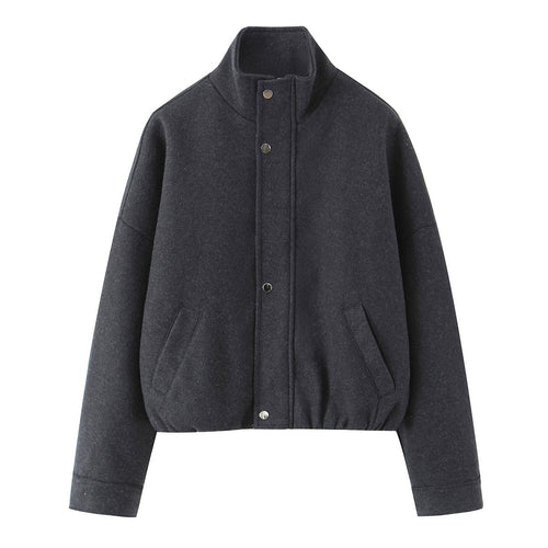 Damen Kurz geschnittene Wollblousonjacke mit Stehkragen, Druckknopfleiste und elastischem Saum Shop Nory