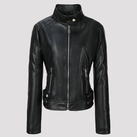 Damen Figurbetonte Motorradjacke mit hohem Stehkragen und Ziergürtel-Details Shop Nory