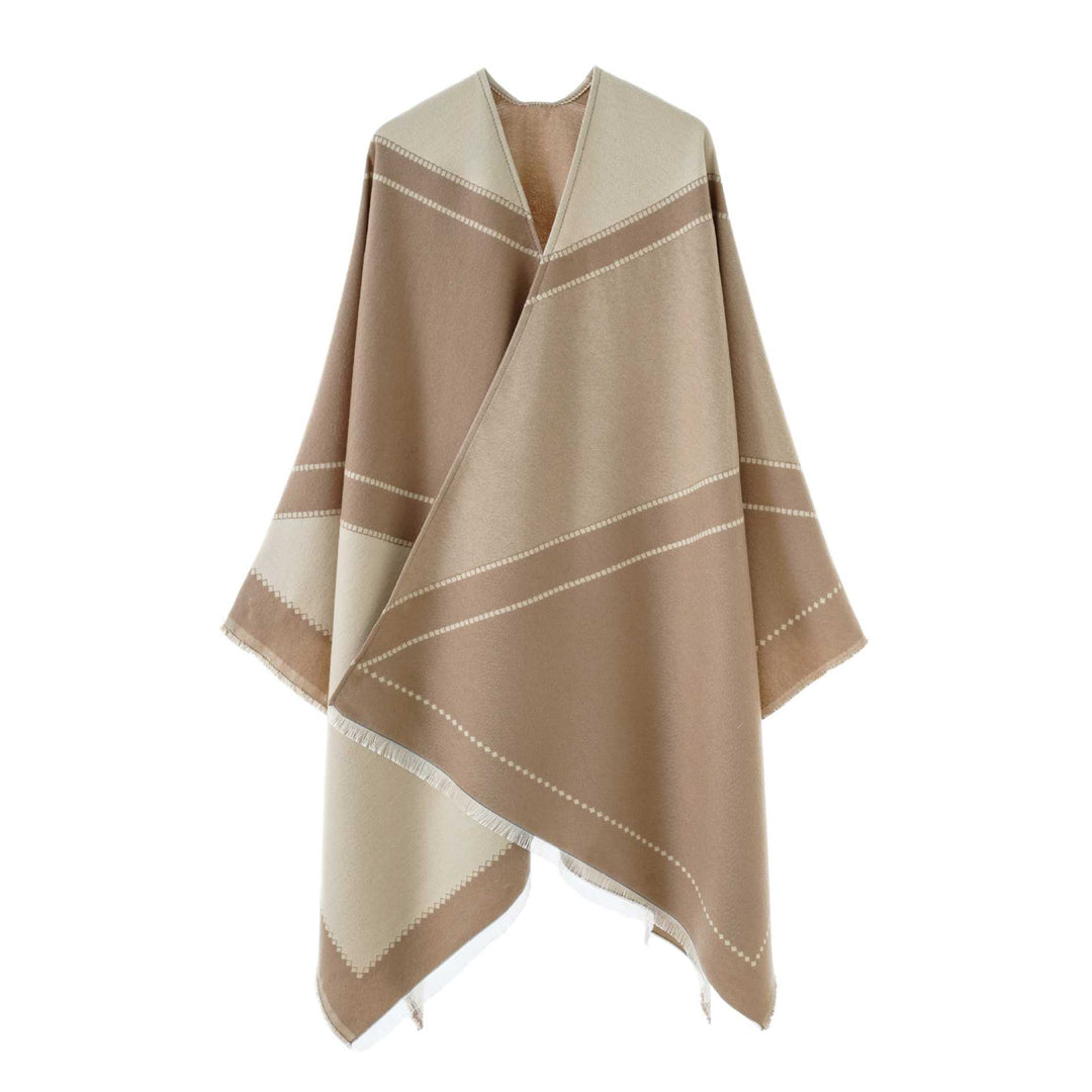 Damen Großer Wollmix Fransenponcho mit diagonalen Kontraststreifen Shop Nory