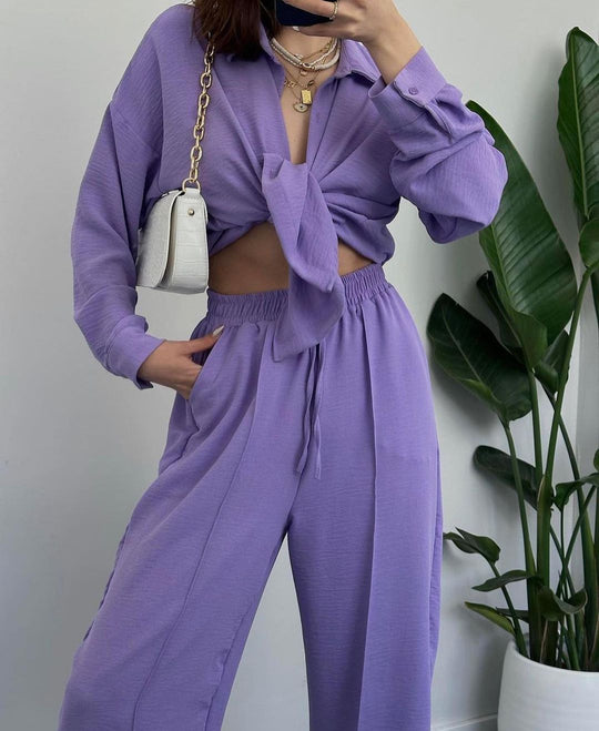 Damen Lässiges zweiteiliges Lounge-Set aus Crêpe mit Oversize-Hemd und hohem Elastikbund Shop Nory