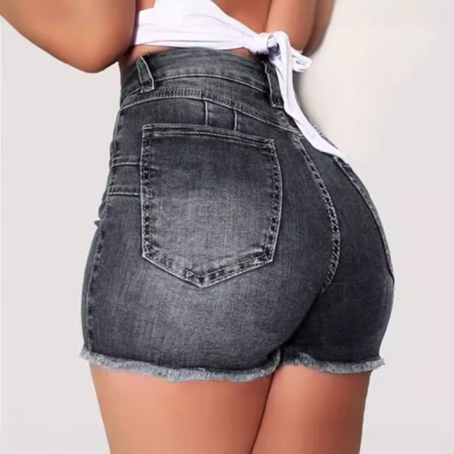 Damen Jeans-Shorts mit hohem Bund und ausgefranstem Saum