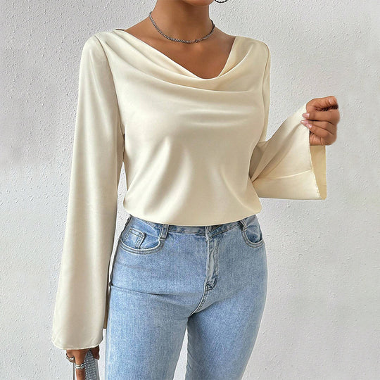 Damen Bluse mit Wasserfallkragen, weiten Trompetenärmeln und fließender Satinoptik Shop Nory