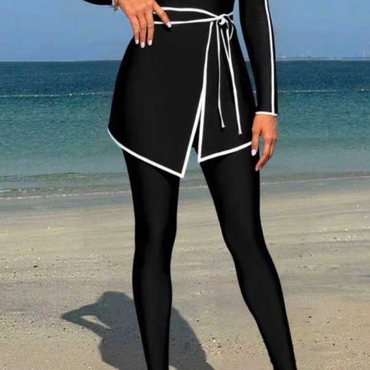 Damen modischer Langarm-Schwimmanzug mit Wickelrock
