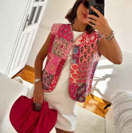 Damen Gesteppte Weste mit Toile‑Print, gestreifter Innenverarbeitung und Kordelbindung Shop Nory