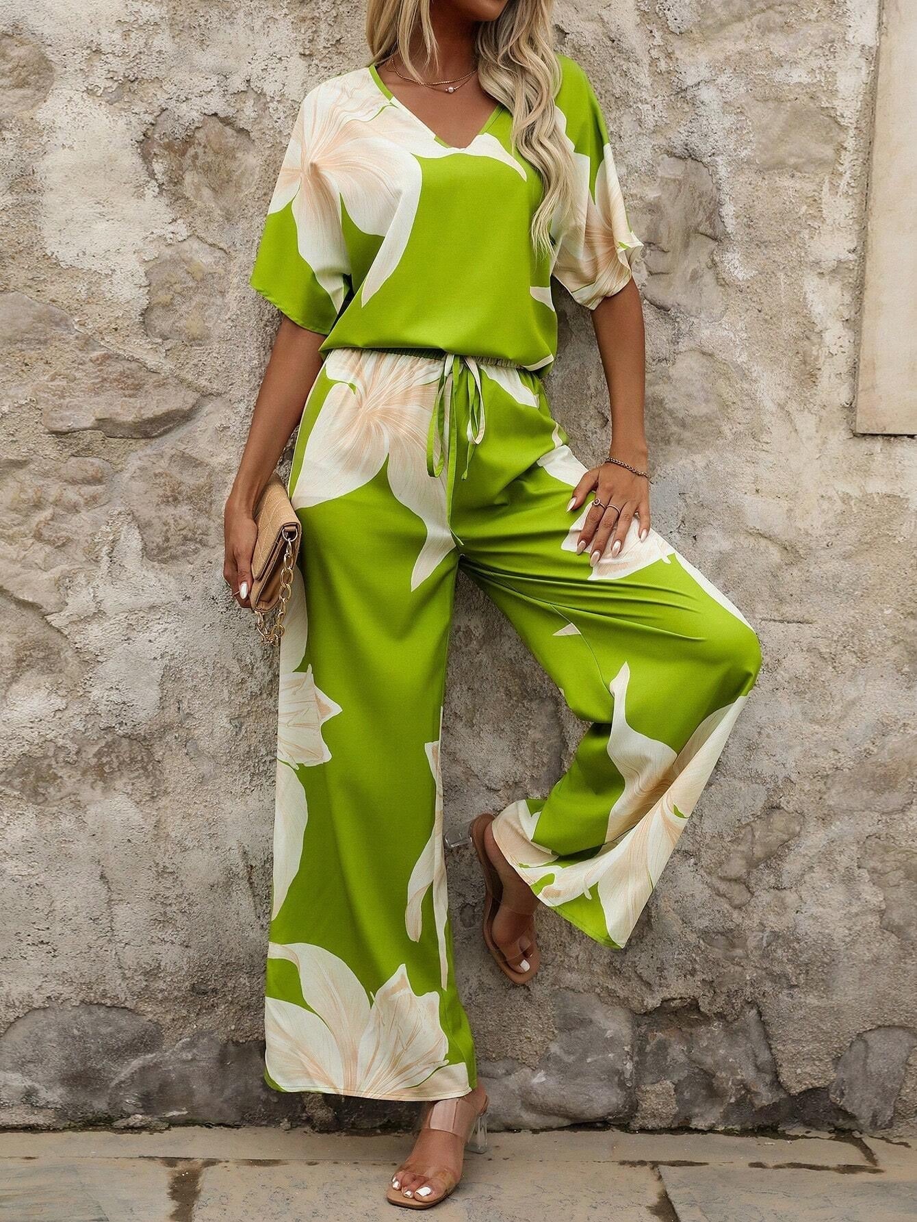 Damen Luftiges Zweiteiliges Set mit floralem Design und weitem Schnitt