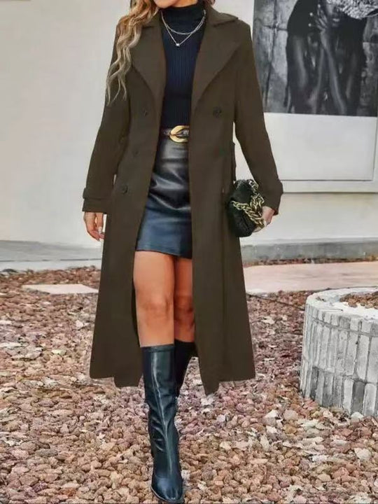 Damen nan langer taillierter Mantel doppelreihig mit weitem Reverskragen und verdeckten Eingrifftaschen Shop Nory