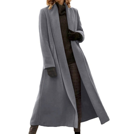 Damen eleganter langer Wollmix-Mantel mit offenem Fall und seitlichen Eingrifftaschen Shop Nory