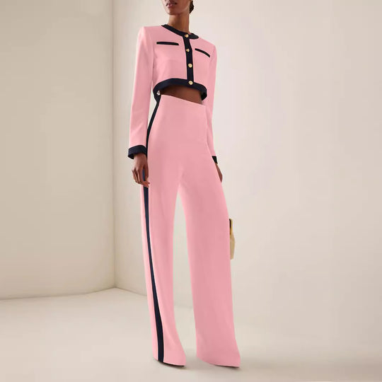 Damen Kurzgeschnittenes Cropped-Tailoring-Set mit Kontrastpaspel und High‑Waist Palazzo-Hose Shop Nory