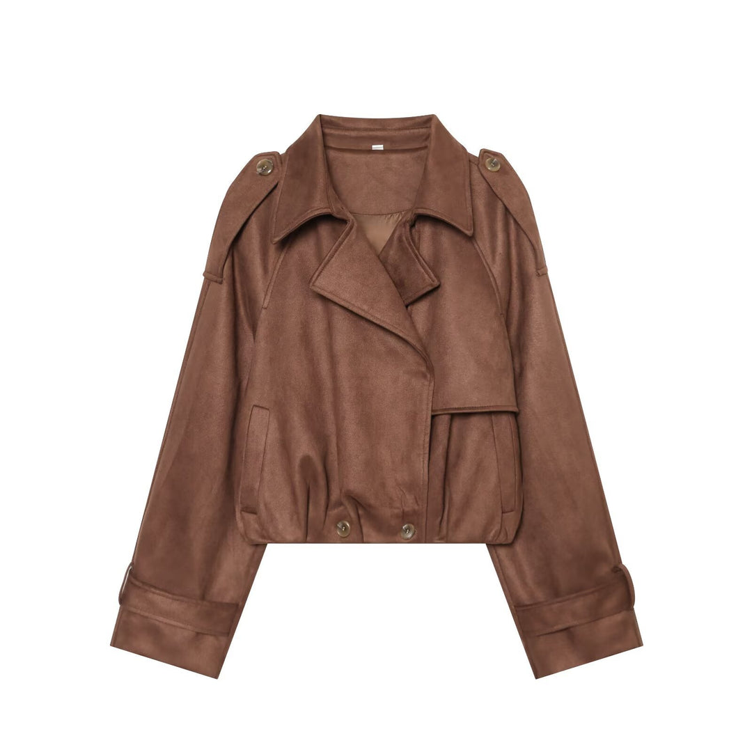 Damen Kurzgeschnittene Trenchjacke in Veloursleder‑Optik mit Schulterklappen und Schnallenmanschetten Shop Nory