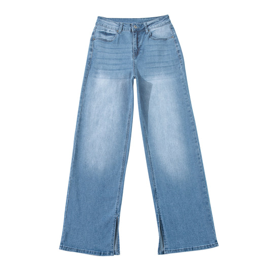 Damen hochtaillierte Schlaghose aus Denim mit Frontschlitz und weitem Bein Shop Nory