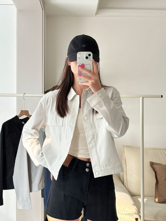 Damen Kurze Overshirt-Jacke aus strukturiertem Canvas mit Brusttaschen Shop Nory