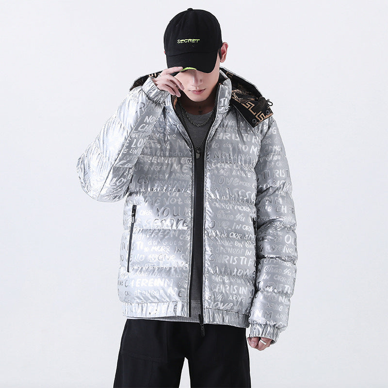 Herren Reflektierende gesteppte Daunenoptik-Überjacke mit Kapuze und Allover-Print Shop Nory
