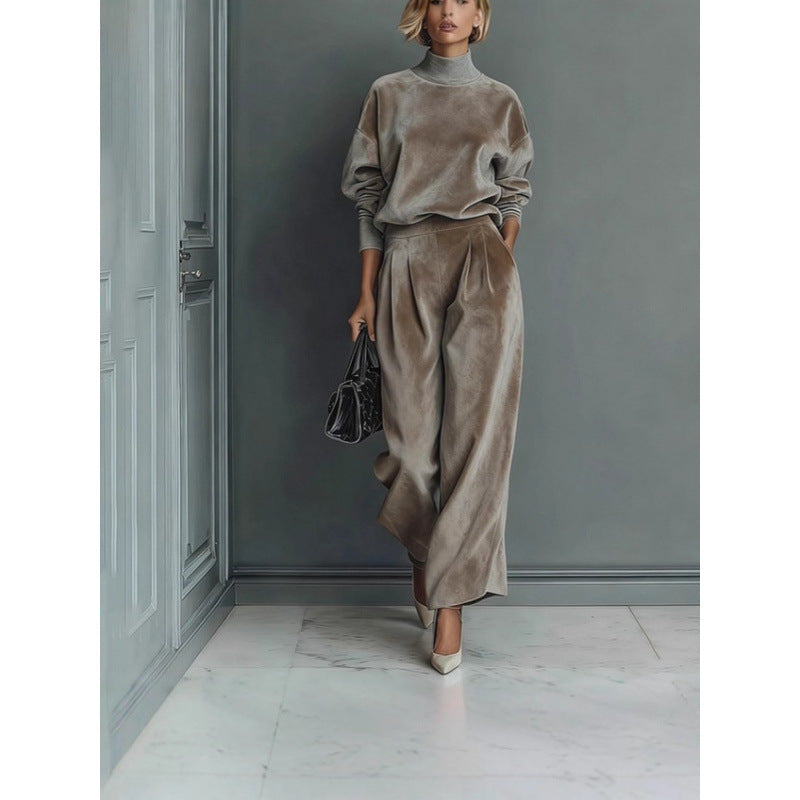 Damen Zweiteiliges Samt-Loungewear-Set mit Stehkragen und Plissee-Palazzohose Shop Nory