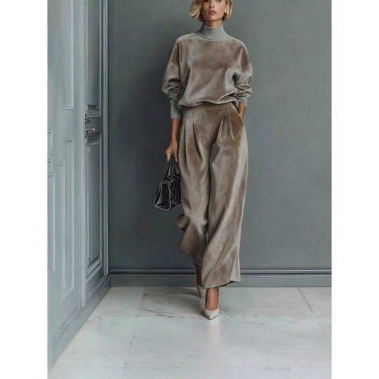 Damen Zweiteiliges Samt-Loungewear-Set mit Stehkragen und Plissee-Palazzohose Shop Nory