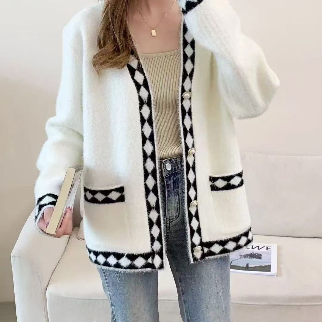 Damen Flauschige Strickjacke mit Dekorativem Muster Shop Nory