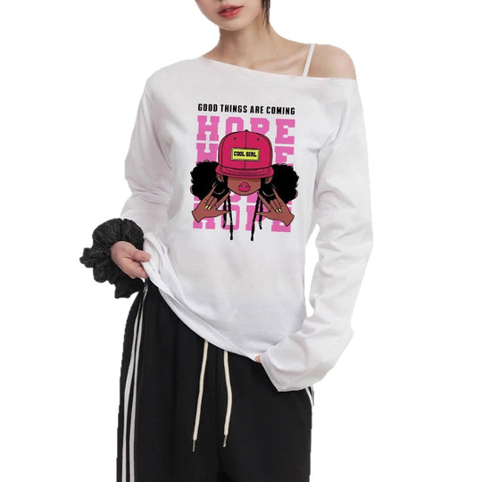 Damen nan lässiges Off-Shoulder Langarmshirt mit großflächigem Cartoon-Grafikprint und elastischem Baumwollmix Shop Nory