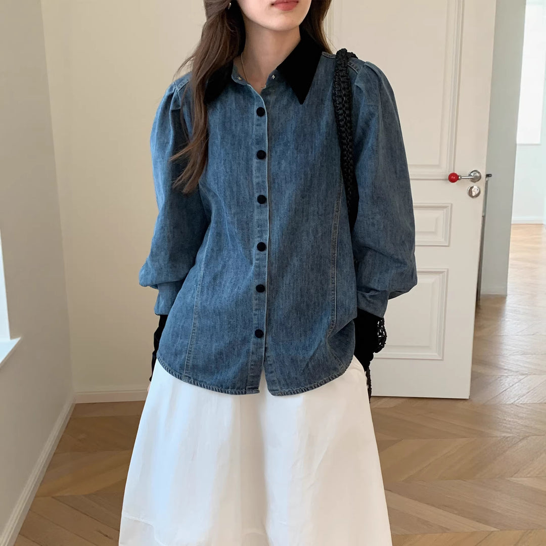 Damen Denimbluse mit Elegantem Kragen Shop Nory
