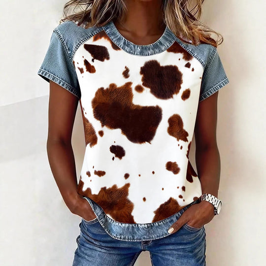 Damen Kurzarmshirt mit Jeans-Einsätzen und Teddy-Patchprint Shop Nory
