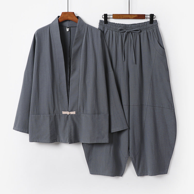 Herren Kimono-Loungewear-Set mit kurzem Schalkragen und weiten Harem-Bundhosen Shop Nory