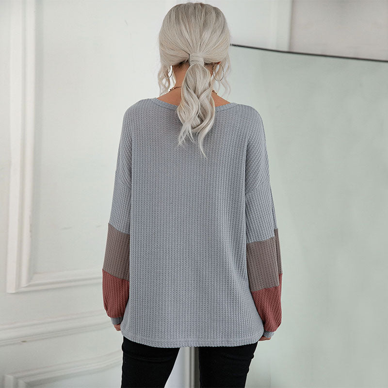 Damen Legeres Waffelstrick-Tunika-Shirt mit V‑Ausschnitt und Colorblock-Ärmeln Shop Nory