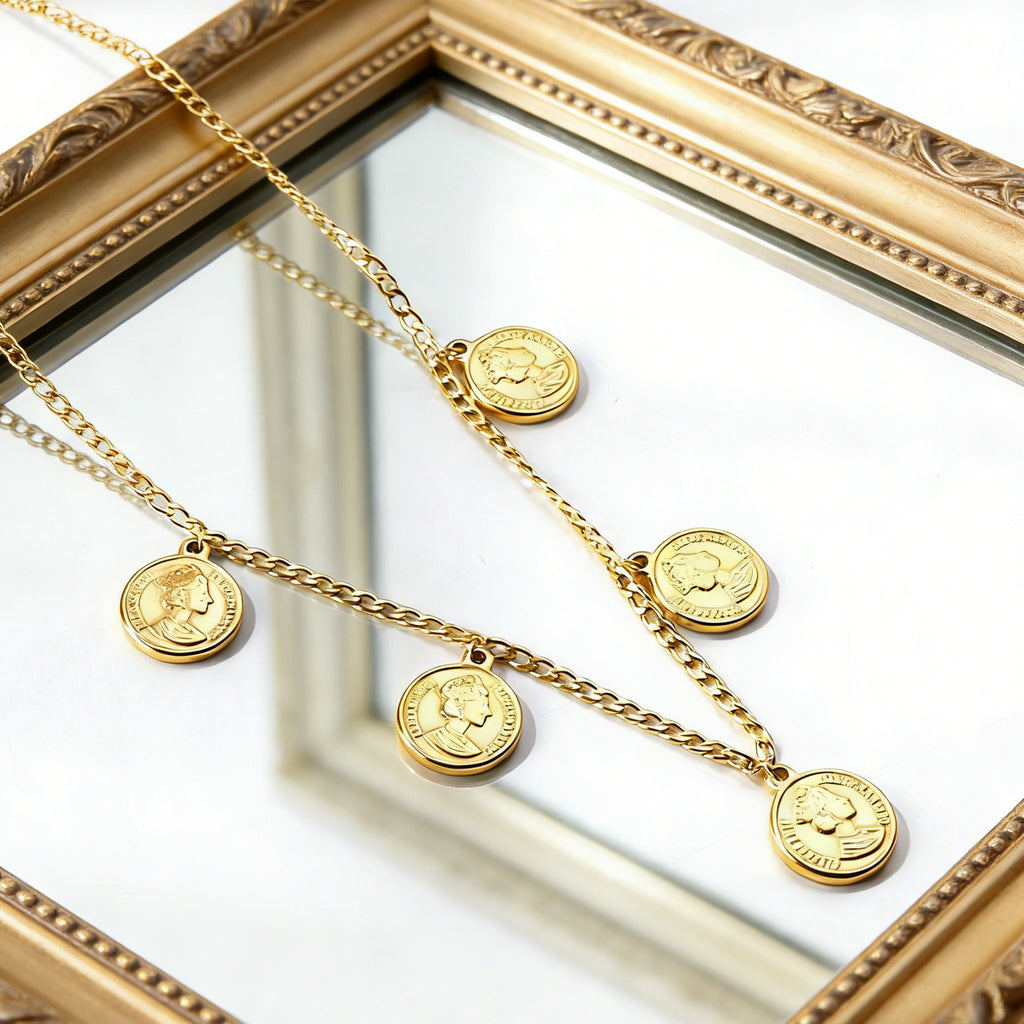 Damen Halskette mit modernen Münz-Anhängern aus rostfreiem Edelstahl Shop Nory