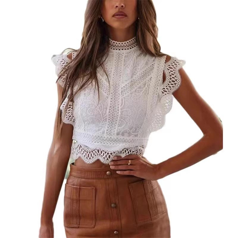 Damen elegante Spitzenbluse mit Rüschensaum